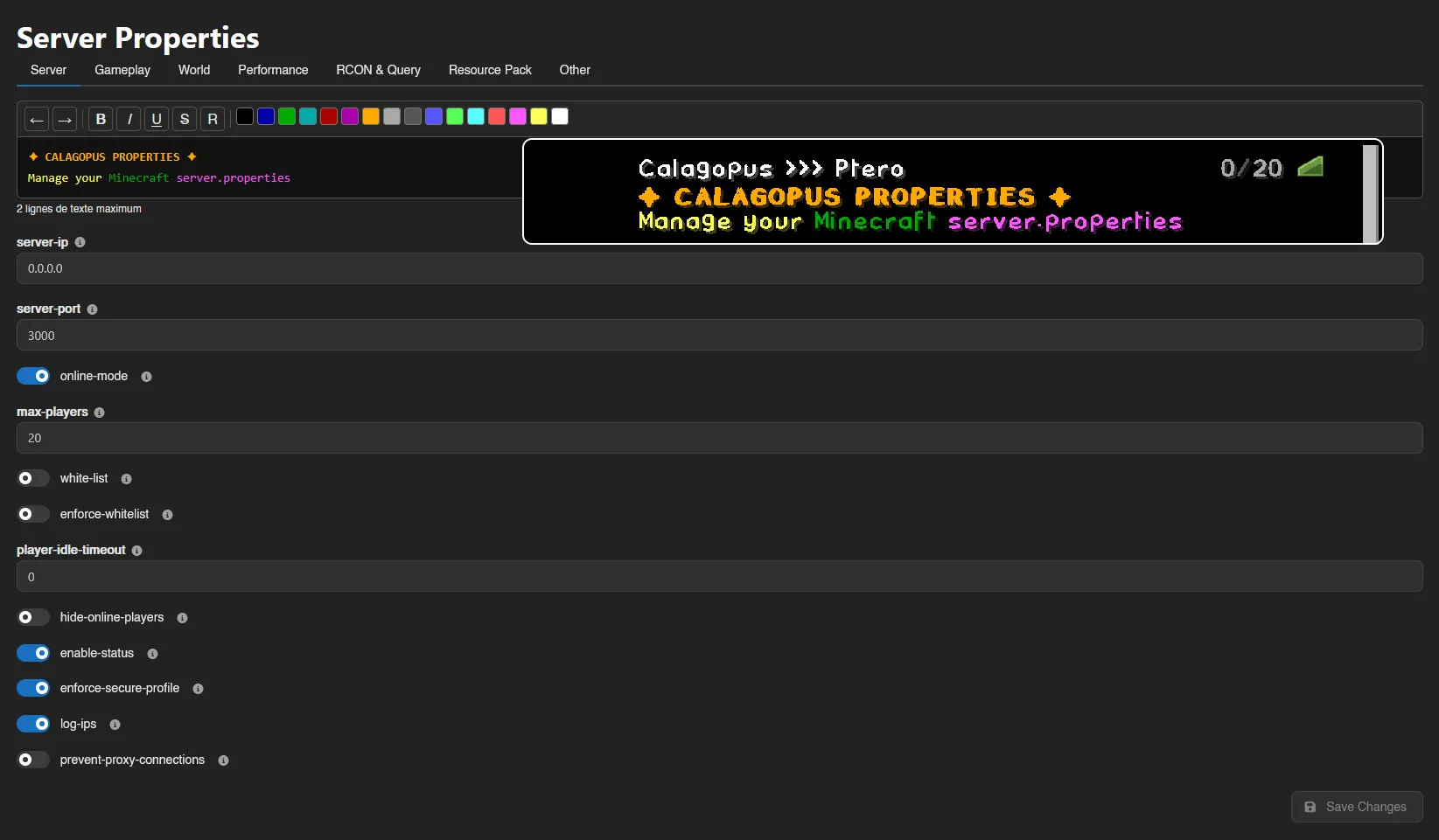 Server Properties | Calagopus screenshot 1